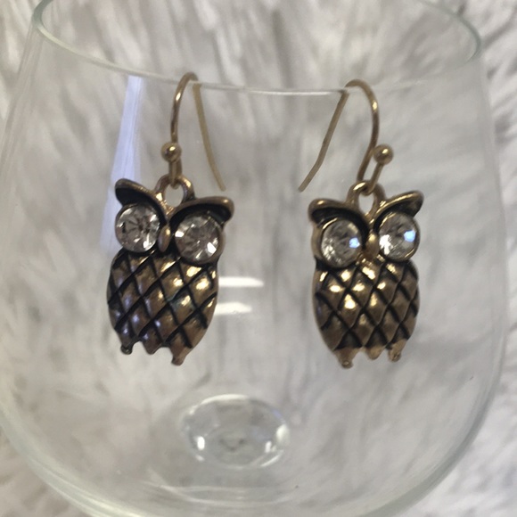 Jewelry - Antiqued Bronze & Crystal Owl Earring Set